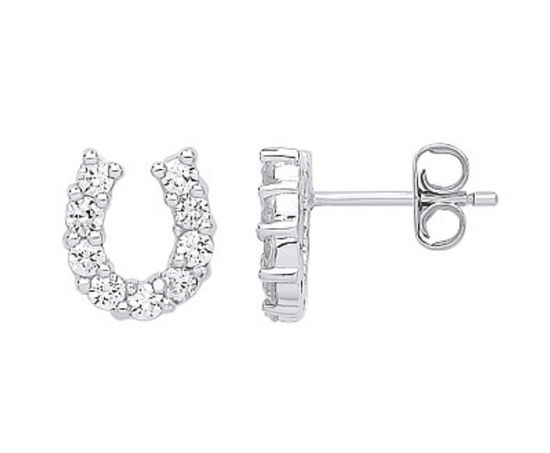 925 Sterling Silver CZ Horse Shoe Stud Earrings