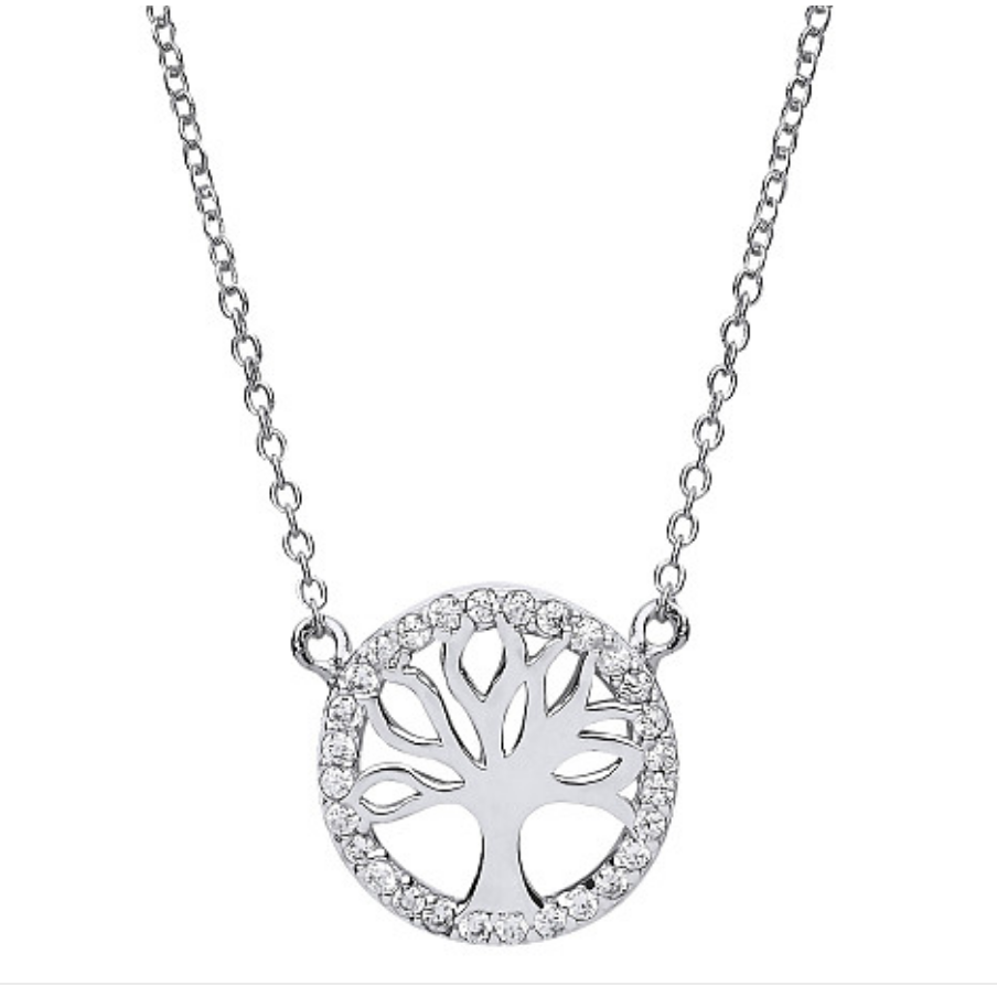 925 Sterling Silver CZ Cut Out Tree Of Life Fancy Pendant Necklace