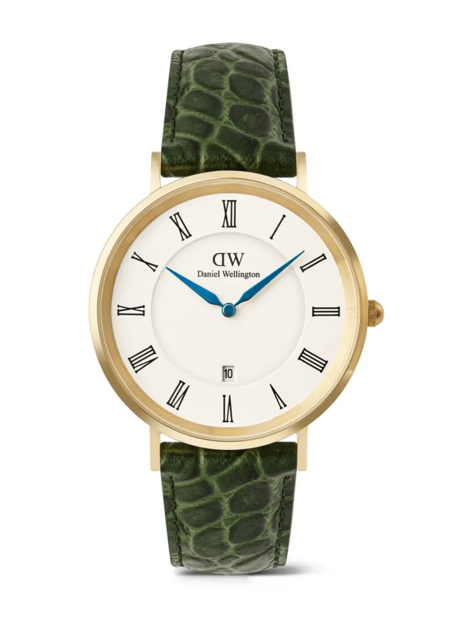 Daniel Wellington Classic Roman Numerals Date Dark Green Croc Belly Gold Men's Watch