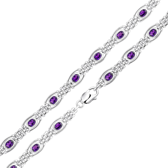 Silver 9.5mm Handmade Amethyst Gate Chain Bracelet 7.5"