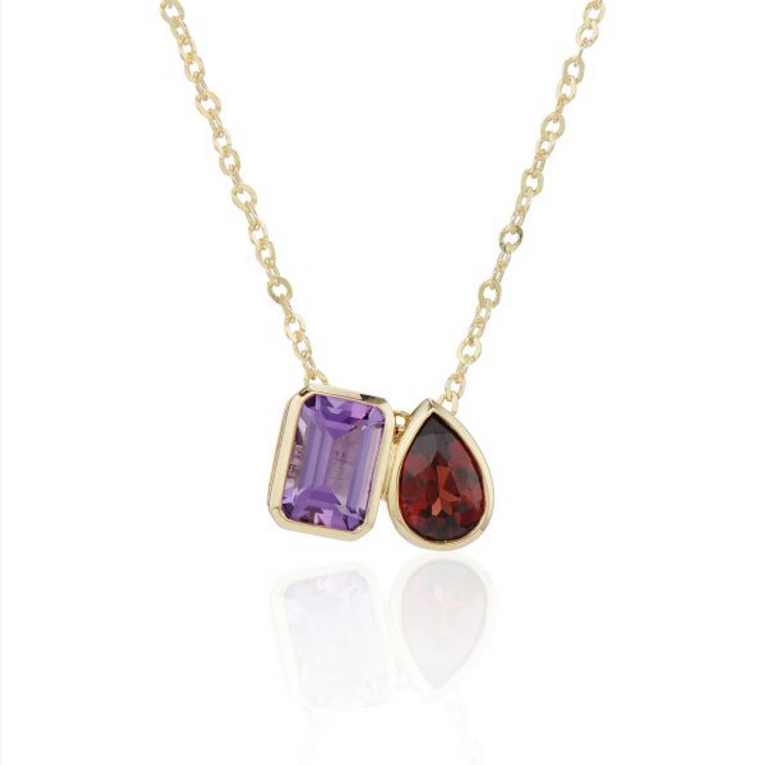 Mark Milton 9ct Yellow Gold Amethyst & Garnet Pear Pendant Necklace