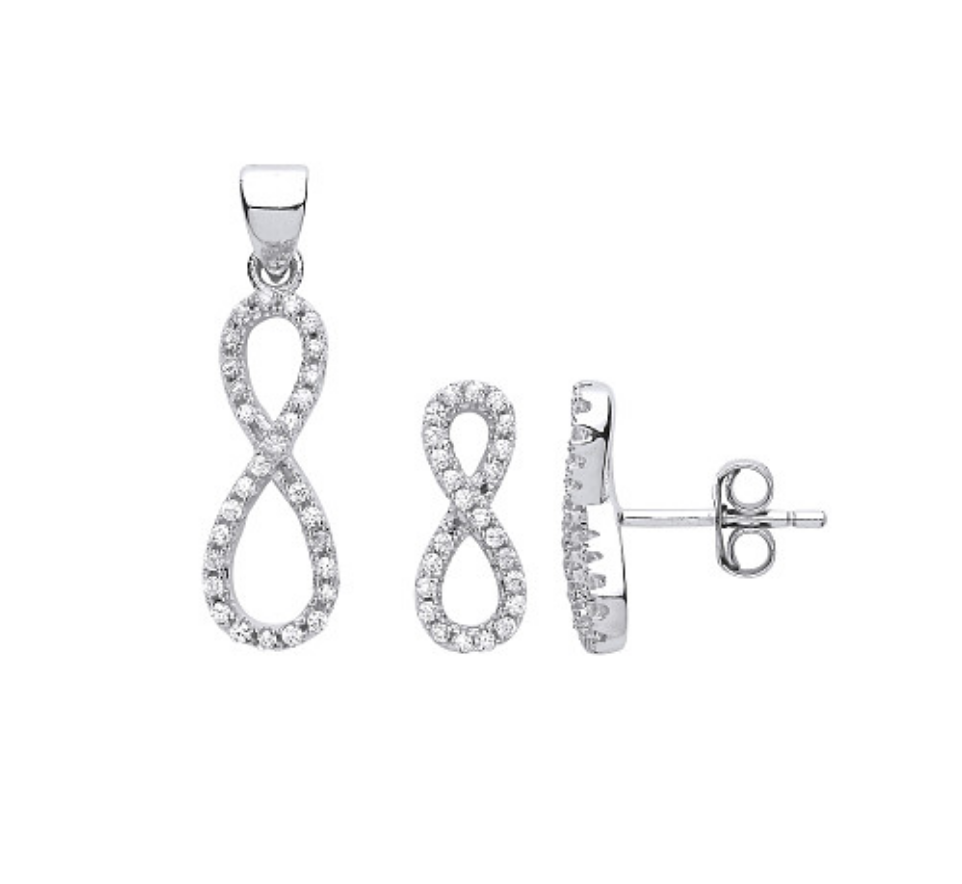 925 Sterling Silver CZ Infinity Drop Earring & Pendant Set