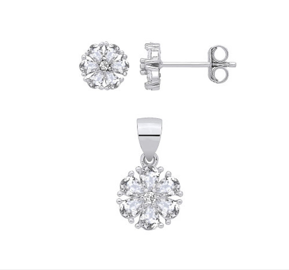 Silver CZ Flower Earrings & Pendant Set