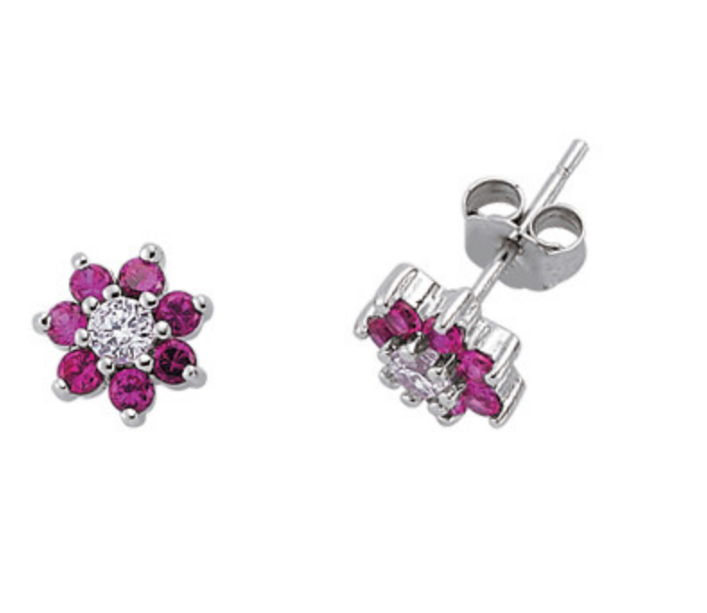 925 Sterling Silver CZ Ruby & White Cluster Studs