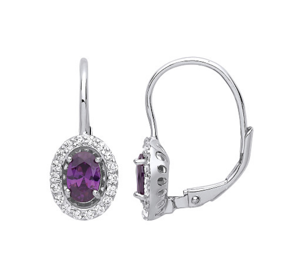 Sterling Silver CZ & Amethyst Halo Oval Drop Earrings