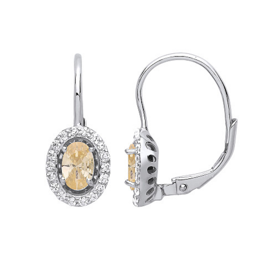 Sterling Silver CZ & Yellow Citrine Halo Oval Drop Earrings