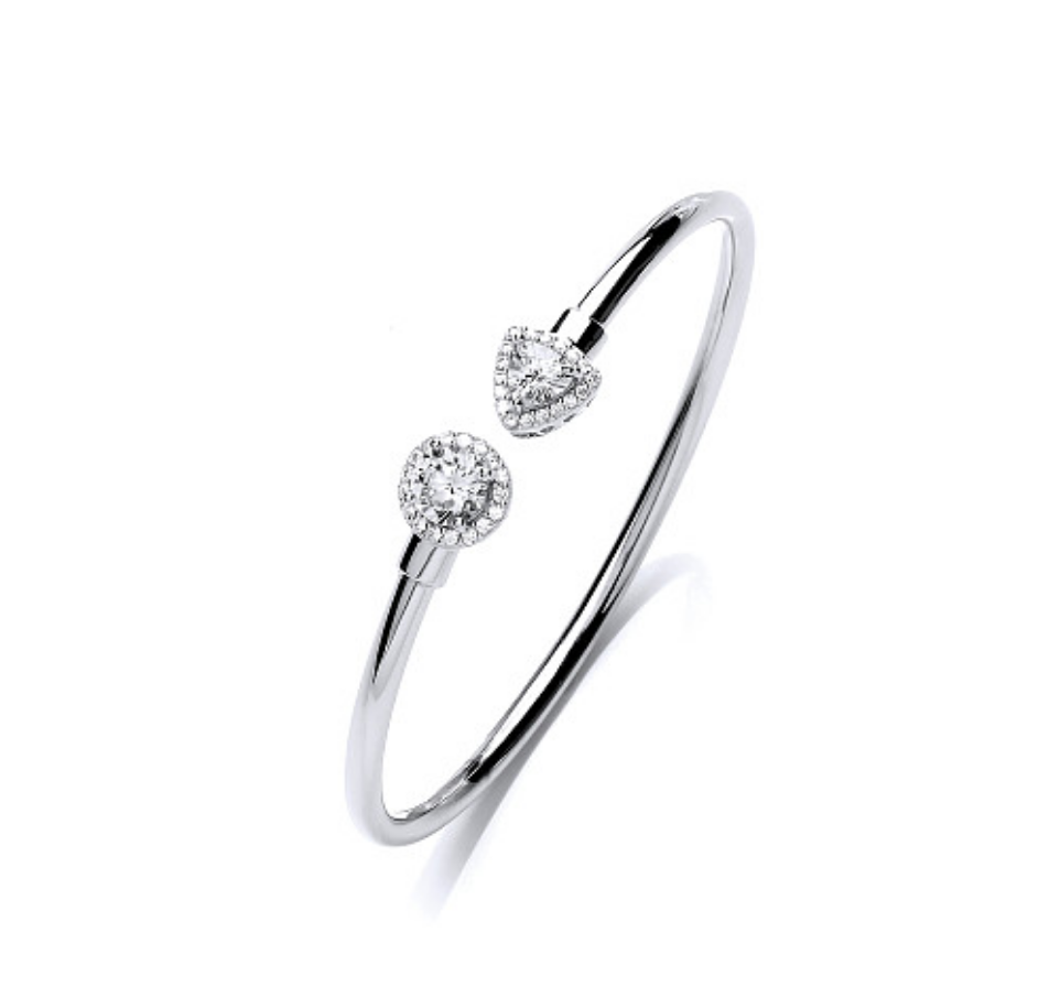 925 Sterling Silver CZ Fancy Torque Bangle Round & Triangle Shape Stones
