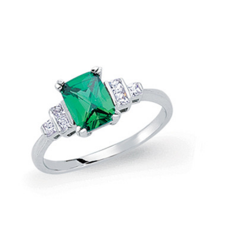 925 Sterling Silver Green Emerald Cut Solitaire Ring With CZ Accents