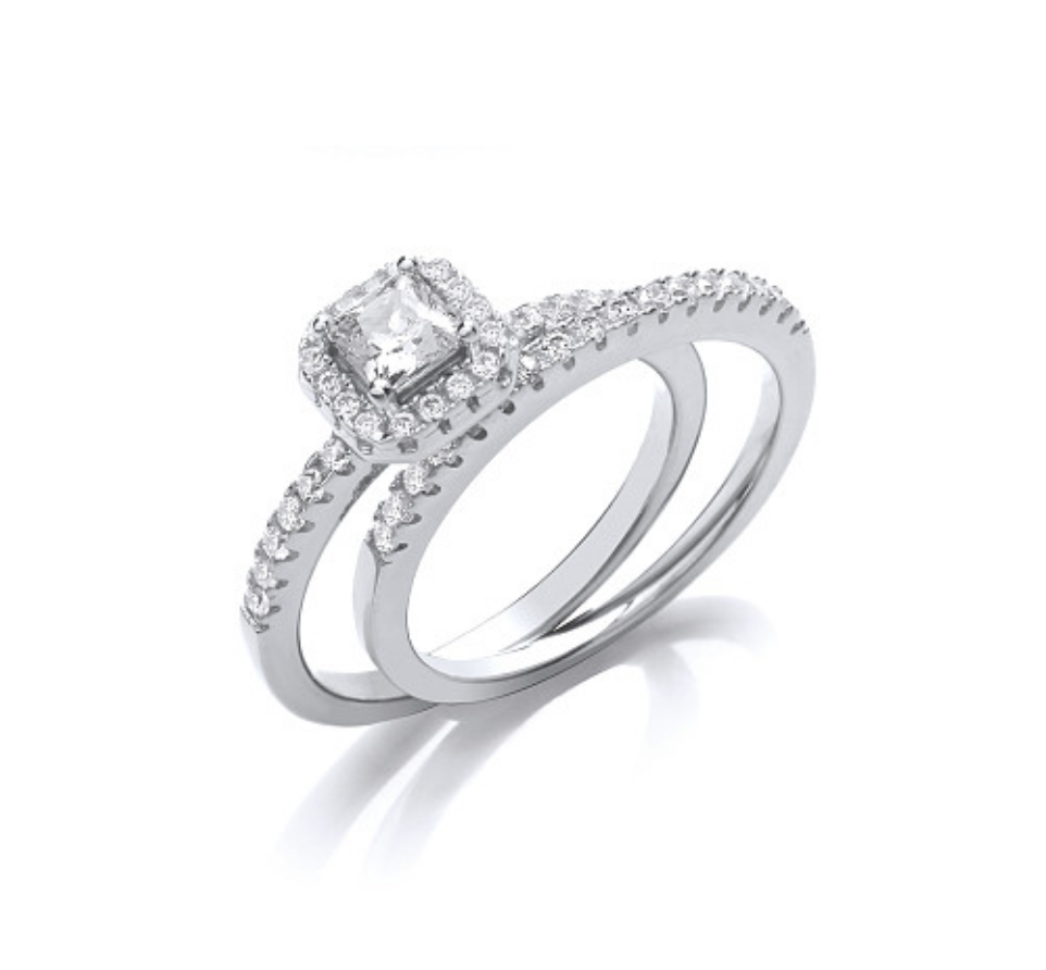 Silver CZ Princess Halo Solitaire Ring
