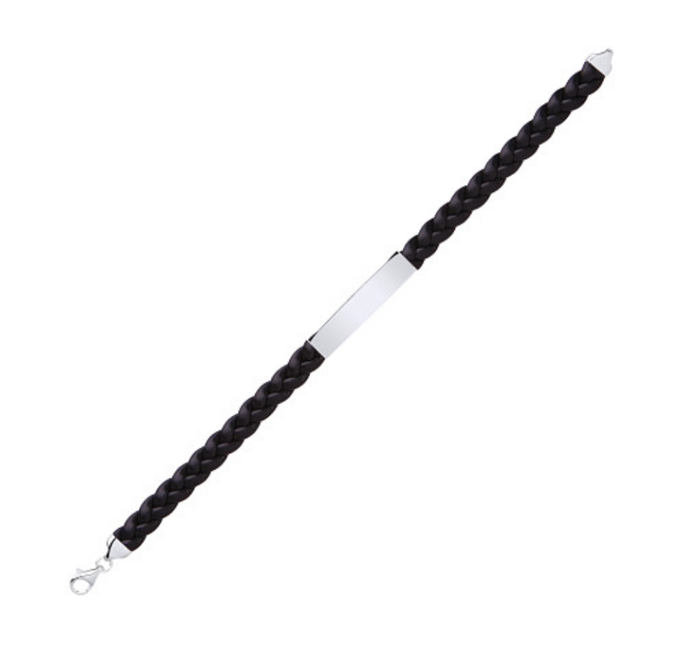 Gents Black Leather Plait Bracelet With 925 Sterling Silver Design ID