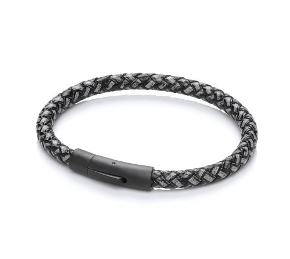 Gents Black Leather Plait Bracelet With Steel Design Clasp