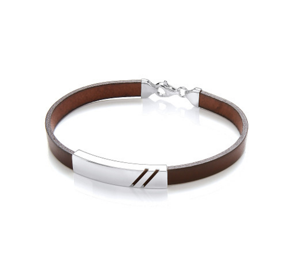Gents Brown Leather Bracelet With Silver Design Plate