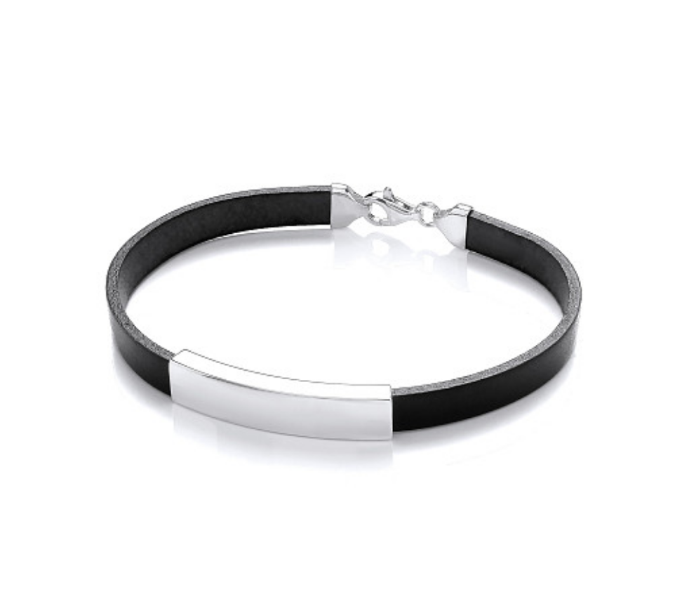 Gents Black Leather Bracelet With Silver Design Plate