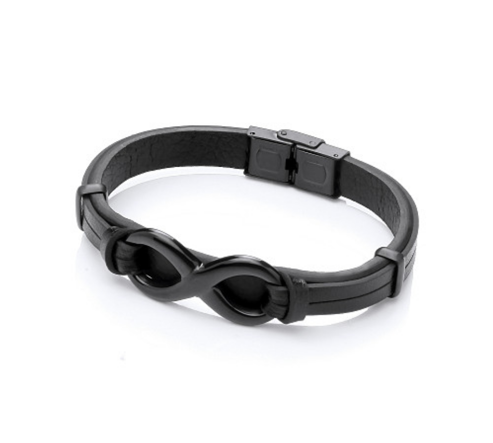 Gents Black Leather & Stainless Steel Infinity Bracelet