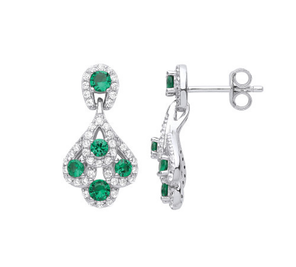 Silver CZ & Emerald Fancy Drop Earrings