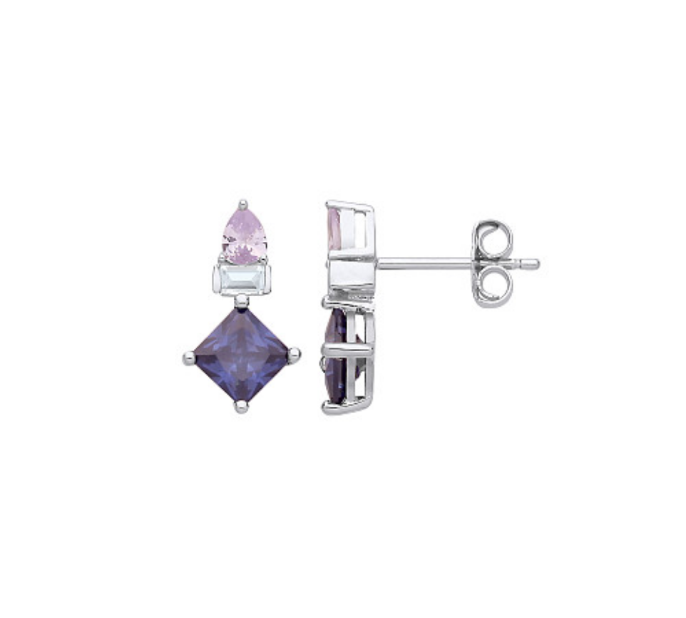 Silver CZ, Light Tanzanite & Light Blue CZ Stud Earrings
