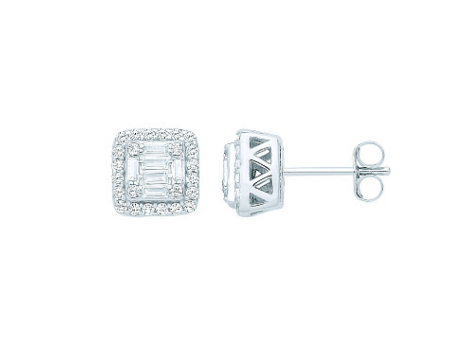 Silver CZ Fancy Square Baguette Stud Earrings