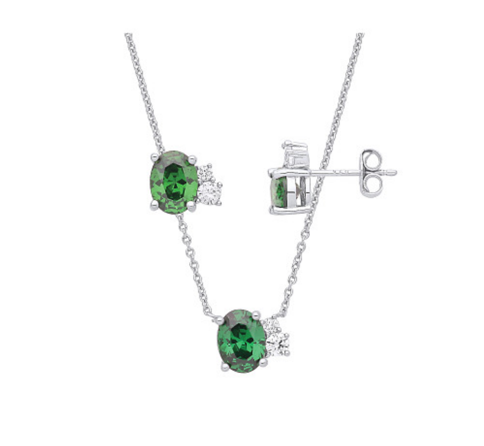 Silver CZ & Mid Green CZ Earring & Pendant Necklace Set