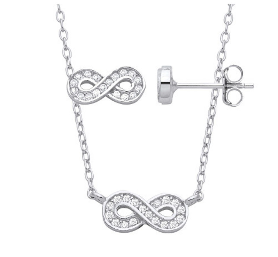 Silver CZ Infinity Stud Earrings & Pendant Necklace Set