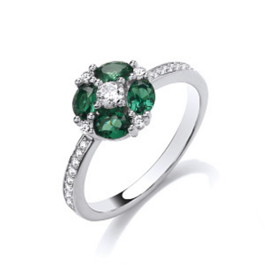 Silver CZ & Emerald Flower Ring