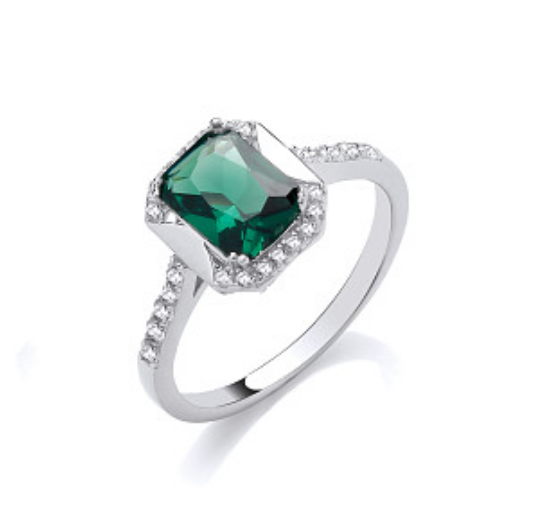 Silver CZ & Emerald Solitaire Ring