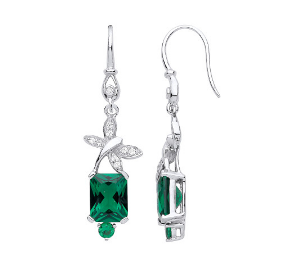 Silver CZ & Emerald Fancy Butterfly Drop Earrings