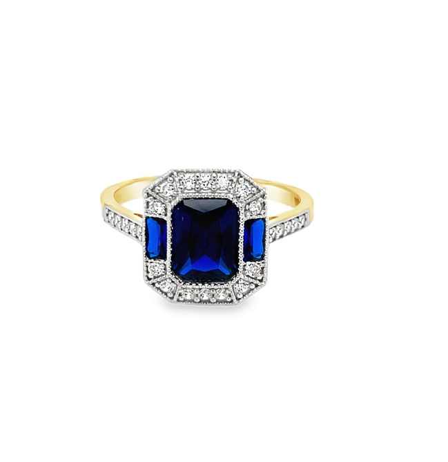 9ct Gold Vintage Sapphire & CZ Halo Ring