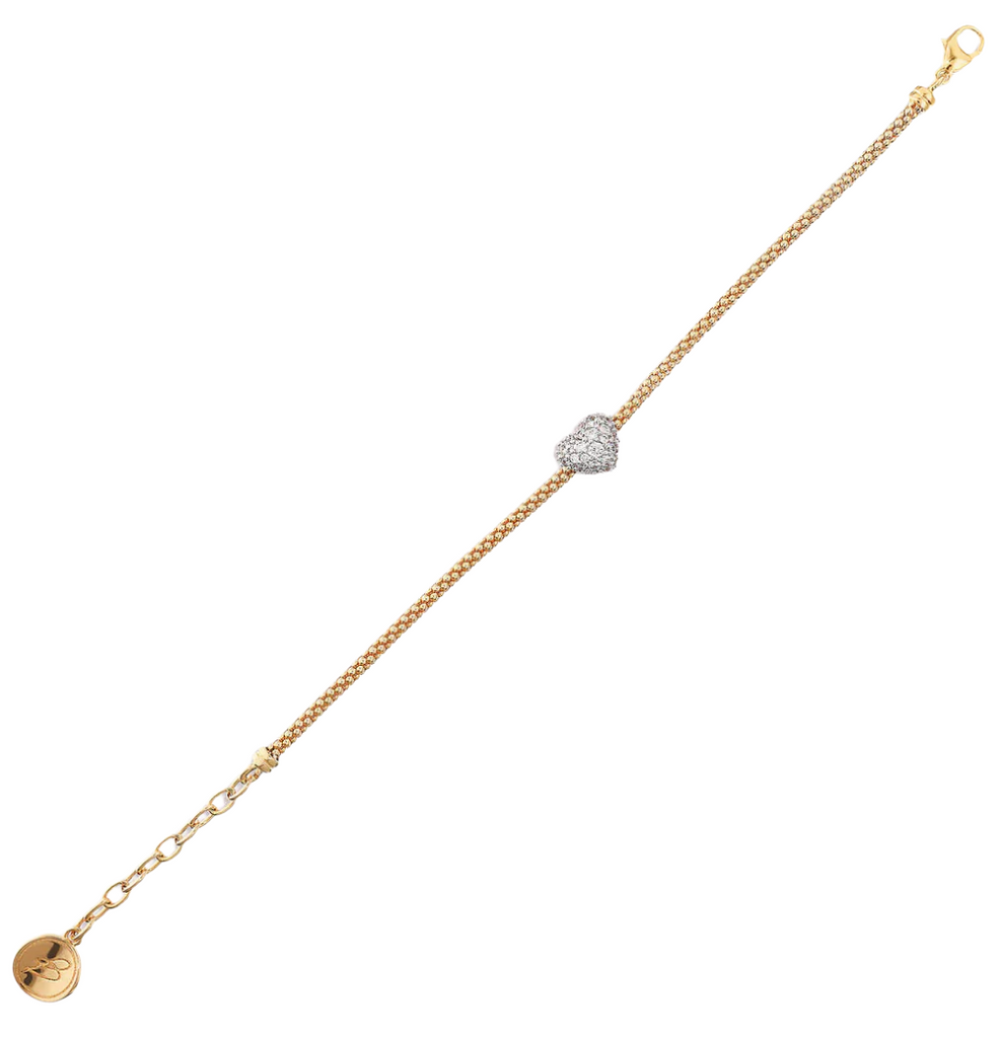 Golden Popcorn Link Bracelet with Heart in Cubic Zirconia Pavé
