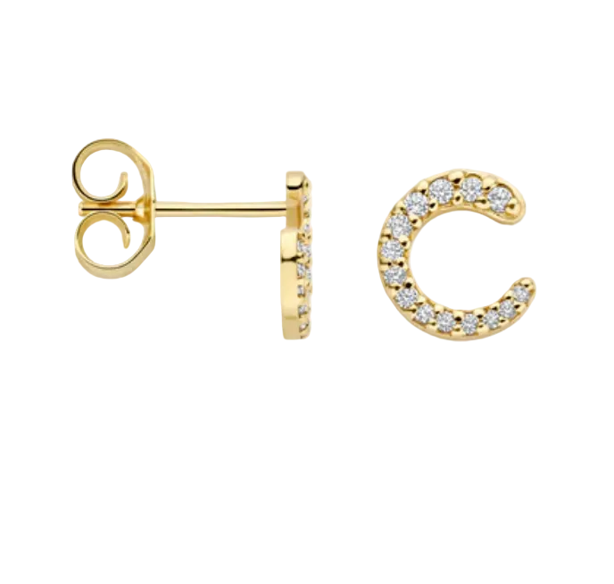 Blush 14ct Gold C-Shape Zirconia Pavé Stud Earrings