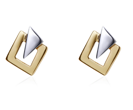 9ct Two Tone White & Yellow Gold Square & Triangle Stud Earrings