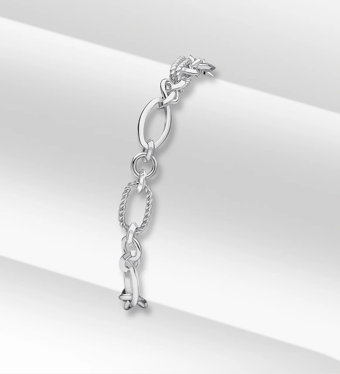 Silver Handmade Oval and Textured Fancy Chain Bracelet 7.5"