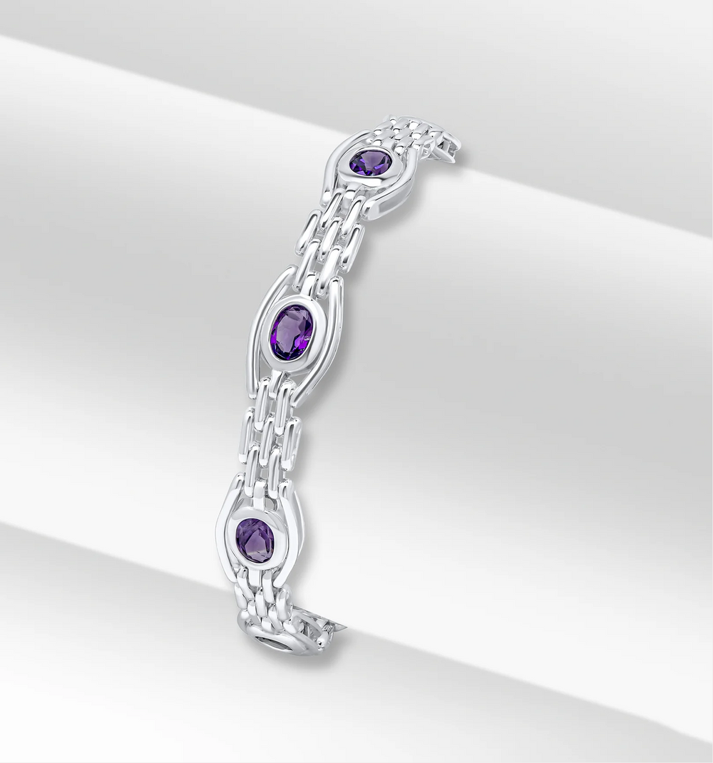 Silver 9.5mm Handmade Amethyst Gate Chain Bracelet 7.5"