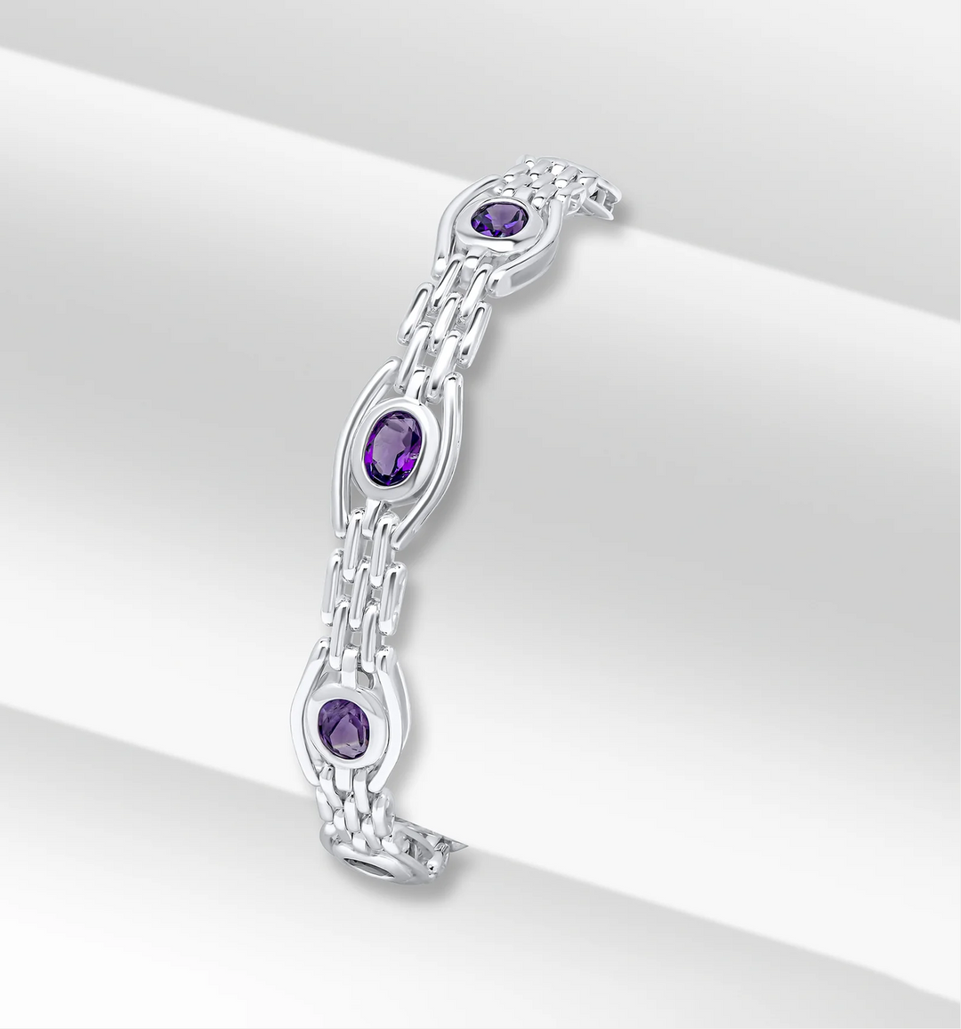 Silver 9.5mm Handmade Amethyst Gate Chain Bracelet 7.5"