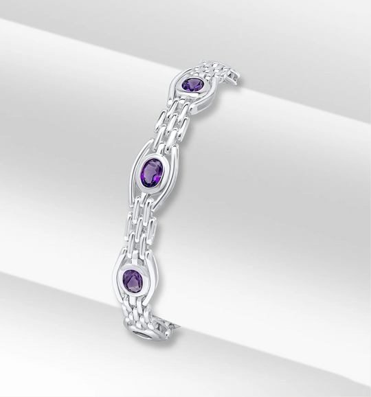 Silver 9.5mm Handmade Amethyst Gate Chain Bracelet 7.5"