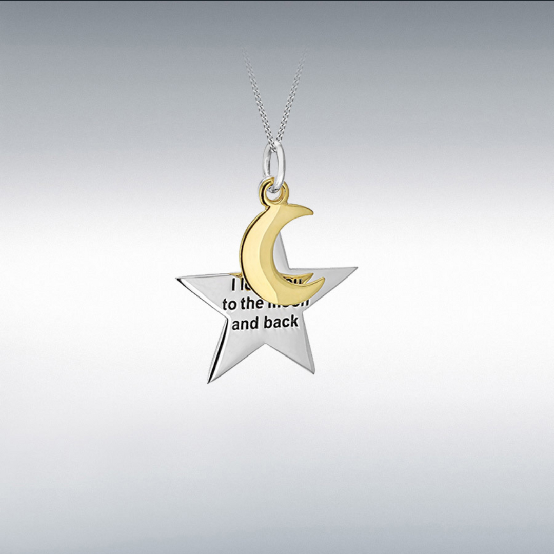 Sterling Silver Yellow Gold Plated Oxidised 'Star and Moon' Pendant