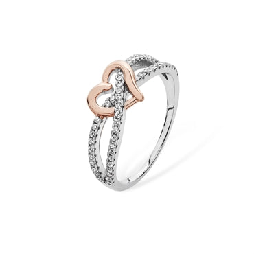 Silver CZ Interlink Ring with Rose Gold Heart