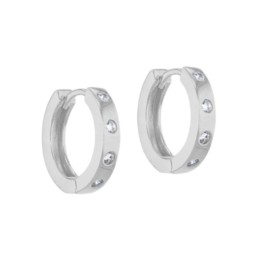 Sterling Silver Rhodium Plated Stone Hoop Creole Earrings