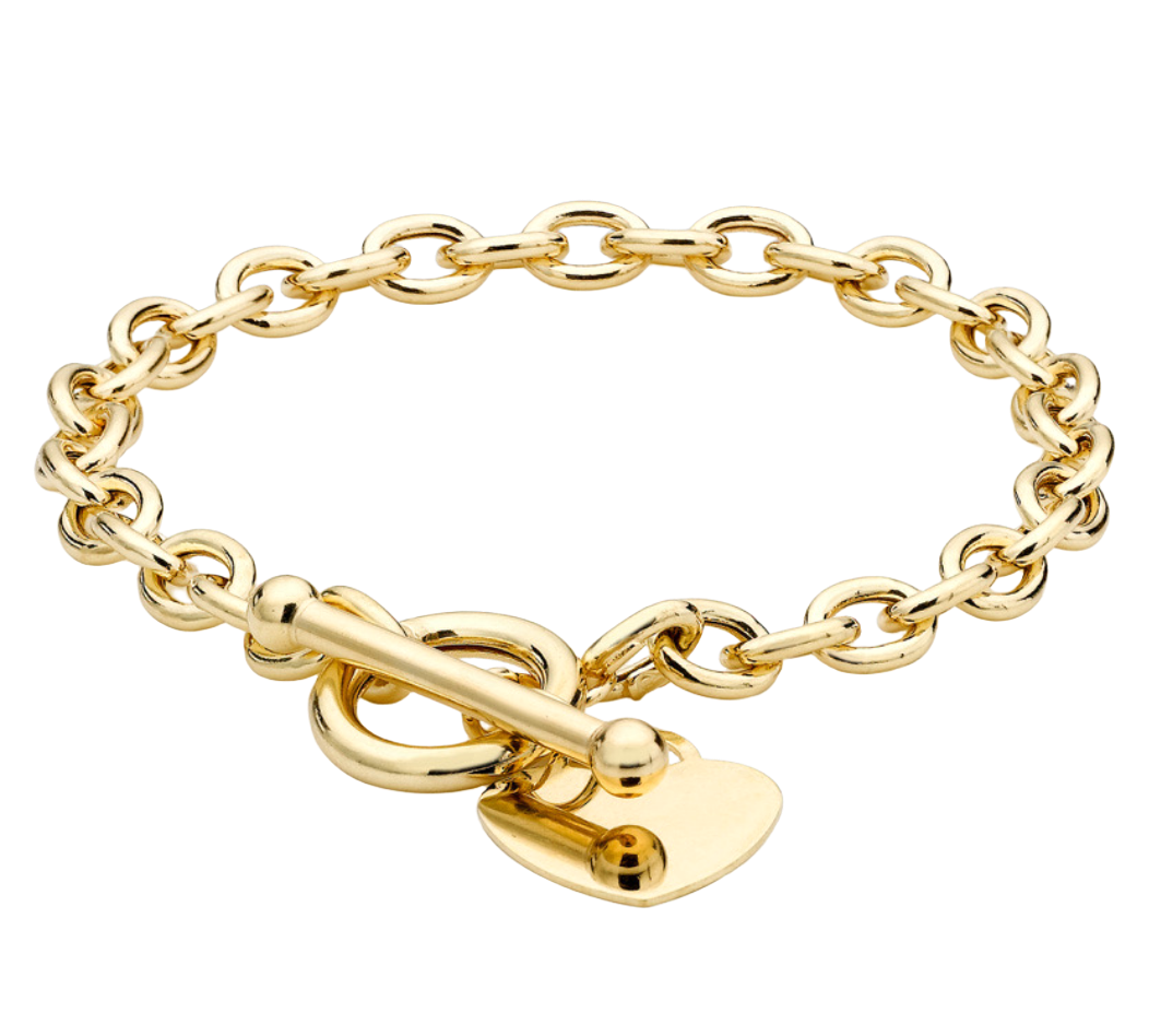 9ct Yellow Gold Oval Belcher Heart Tag T-Bar Bracelet