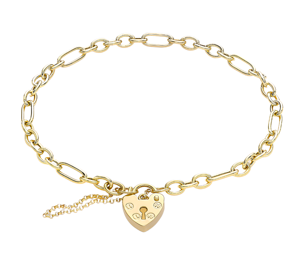 9ct Yellow Gold Straight Figaro Chain Padlock-and-Safety-Chain Bracelet