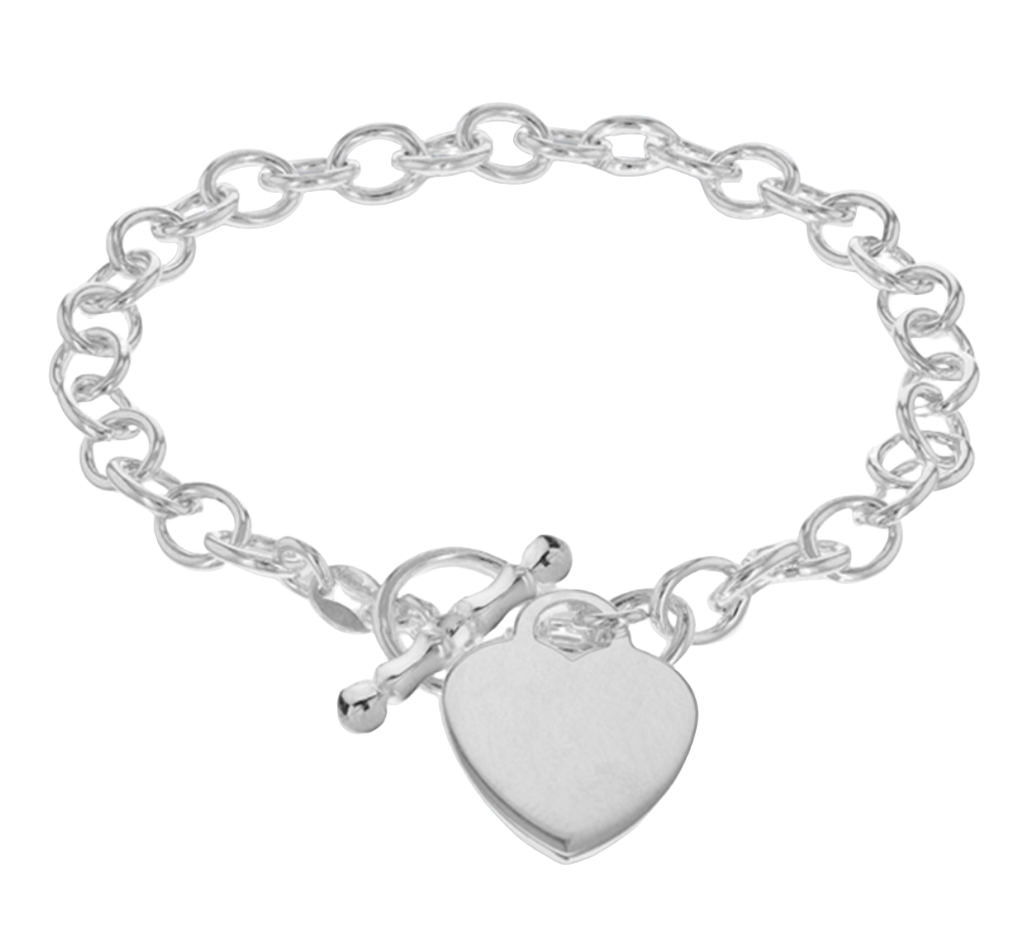 Sterling Silver  Heart-Charm Belcher Chain T-Bar Bracelet