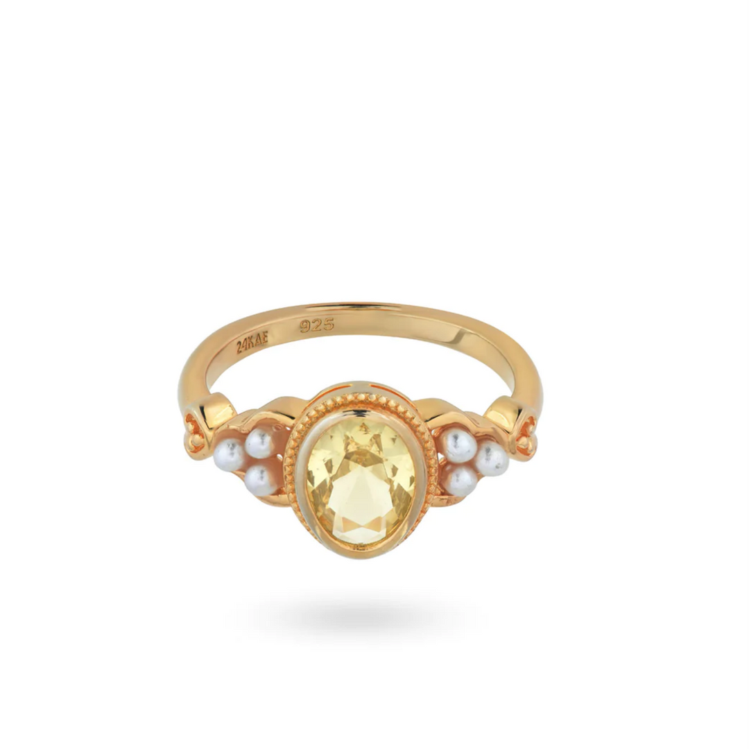 Ring With Colored Stone And Pearls