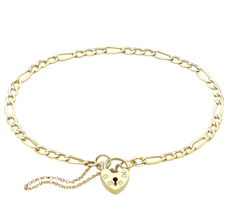 Yellow Gold Figaro Padlock & Safety Chain Bracelet