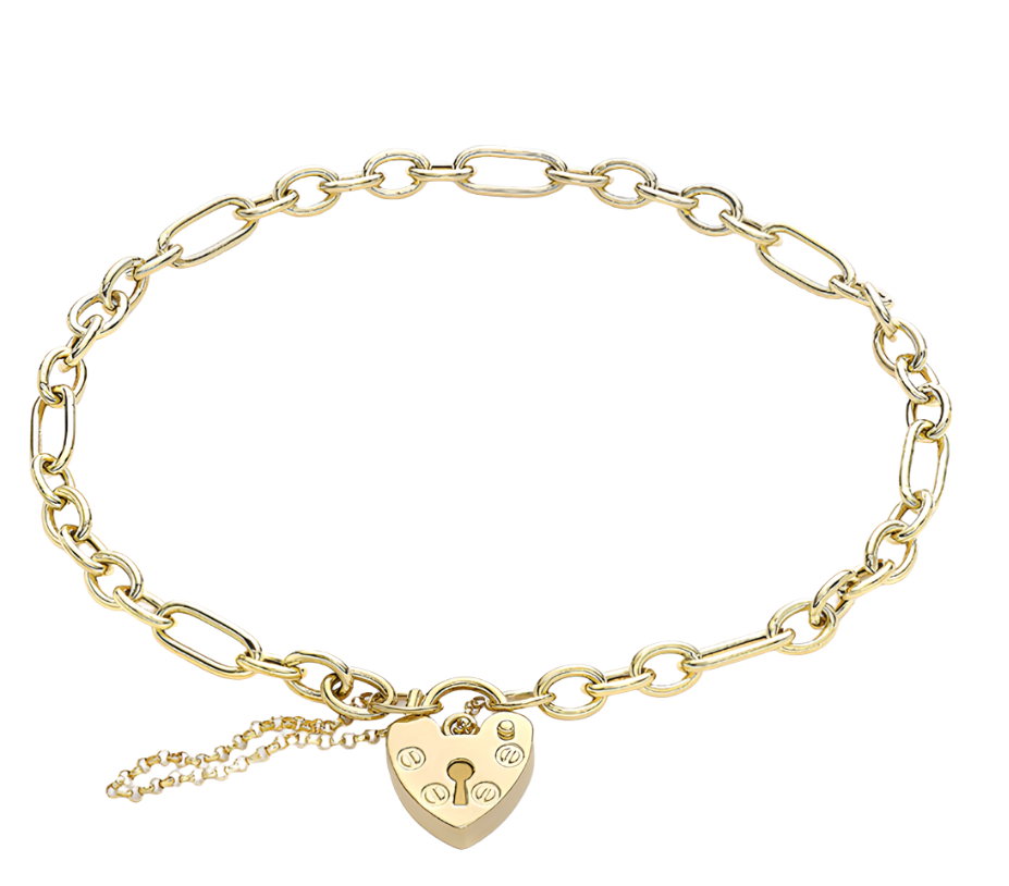 Yellow Gold Straight Figaro Chain Padlock & Safety Chain Bracelet