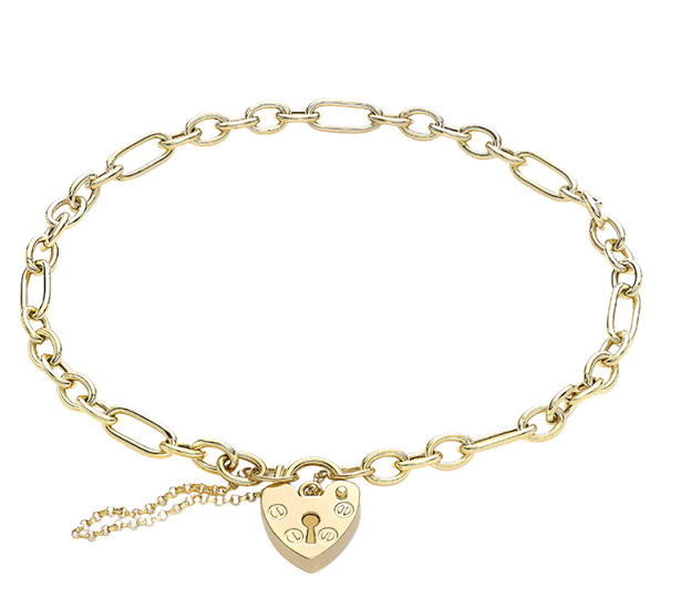 Yellow Gold Straight Figaro Chain Padlock & Safety Chain Bracelet