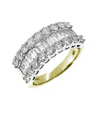 18k Yellow & White Gold Three Row Brilliant Cut & Baguette Diamond Dress Ring