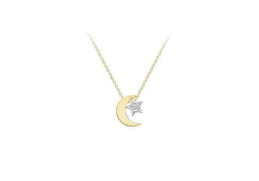9ct Two-Colour Gold Polished Moon and Diamond Cut Star Pendant