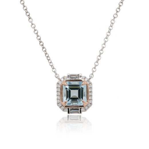 9ct White With Rose Gold Diamond & Aquamarine Necklace