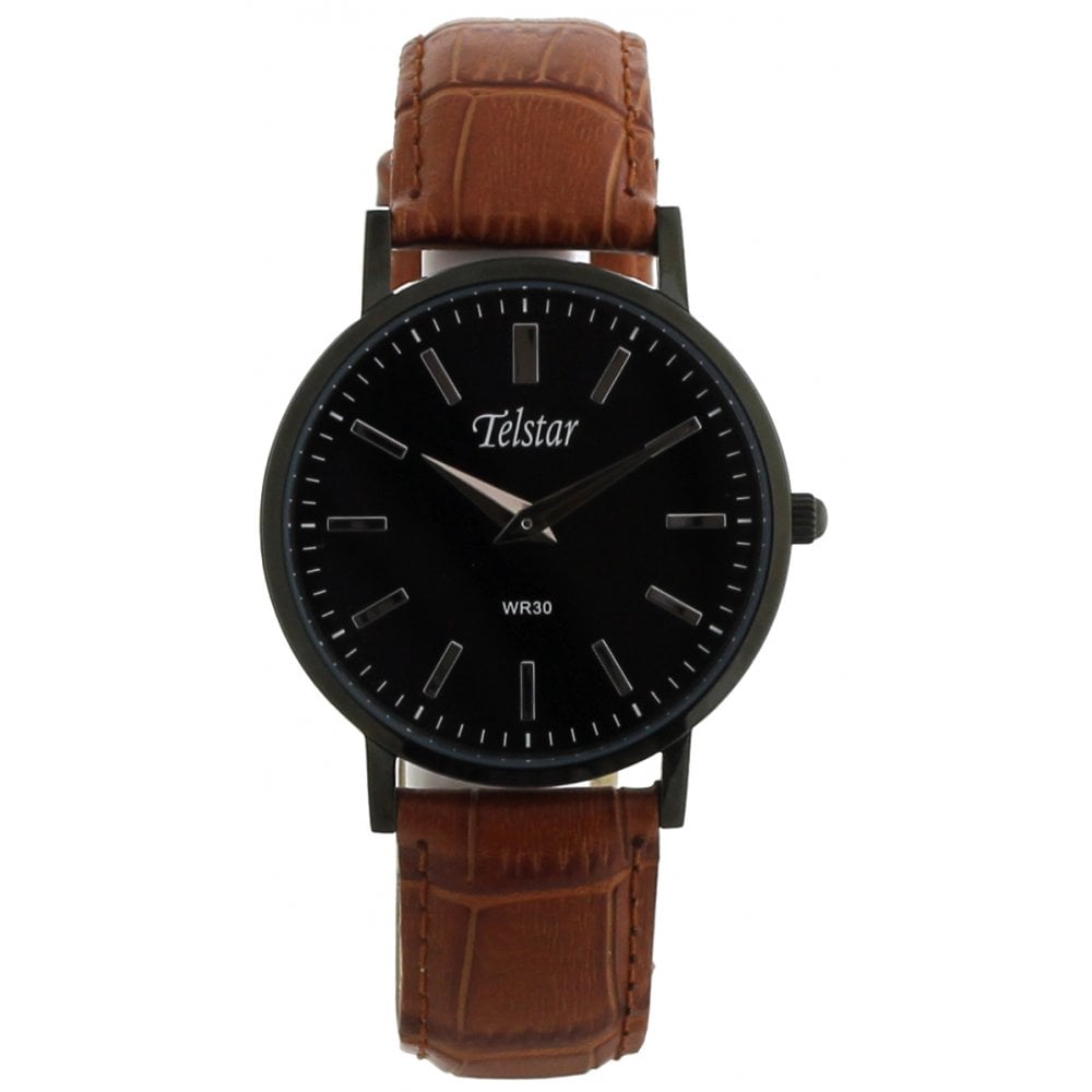 Telstar Gents Tan Strap Black Dial Watch